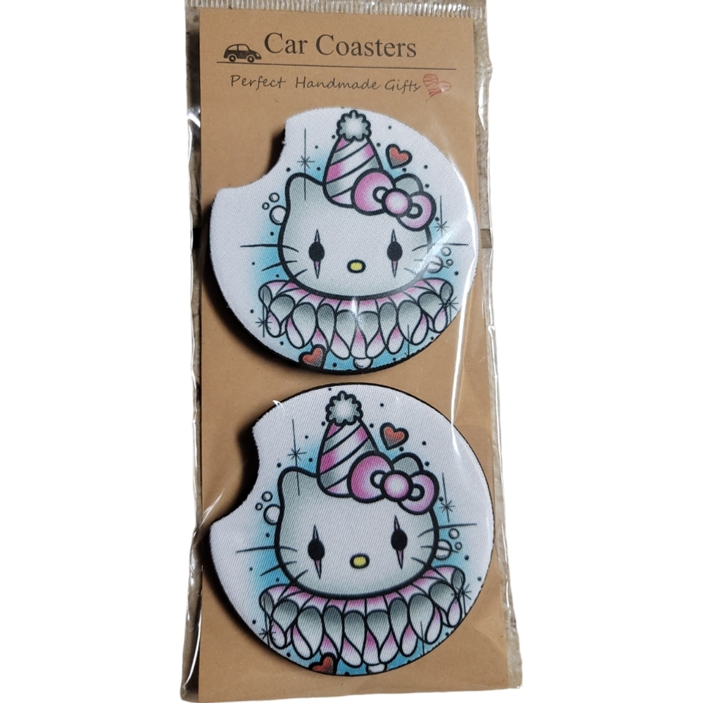 Kitty Clown Handmade Reuseable Neoprene Set of 2 Car Coasters